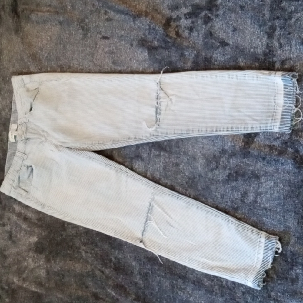 Jolt blue and white pinstripe railroad stripe raw hem pants